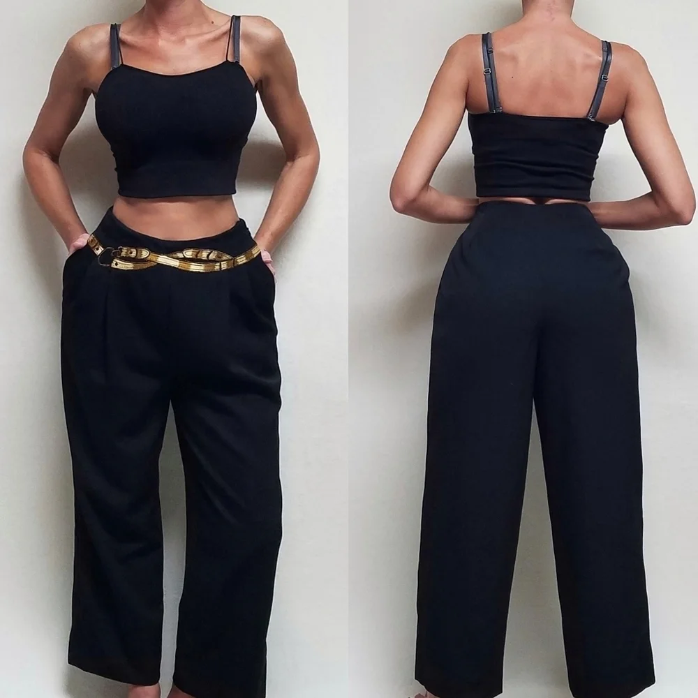 Rare Vintage 70s Western Privata Black Wool Faux Belt High Waisted Cropped Pants